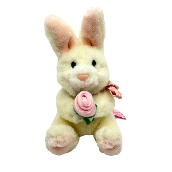 Russ Berrie Rosie White Bunny Rabbit Pink Flower Vintage Stuffed Animal Plush 7” - Picture 1 of 8